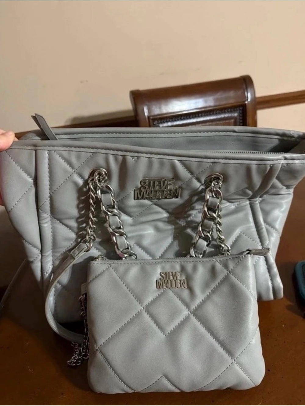 Steve Madden Quilted Shoulder Tote and Matching Crossbody in Light Gray